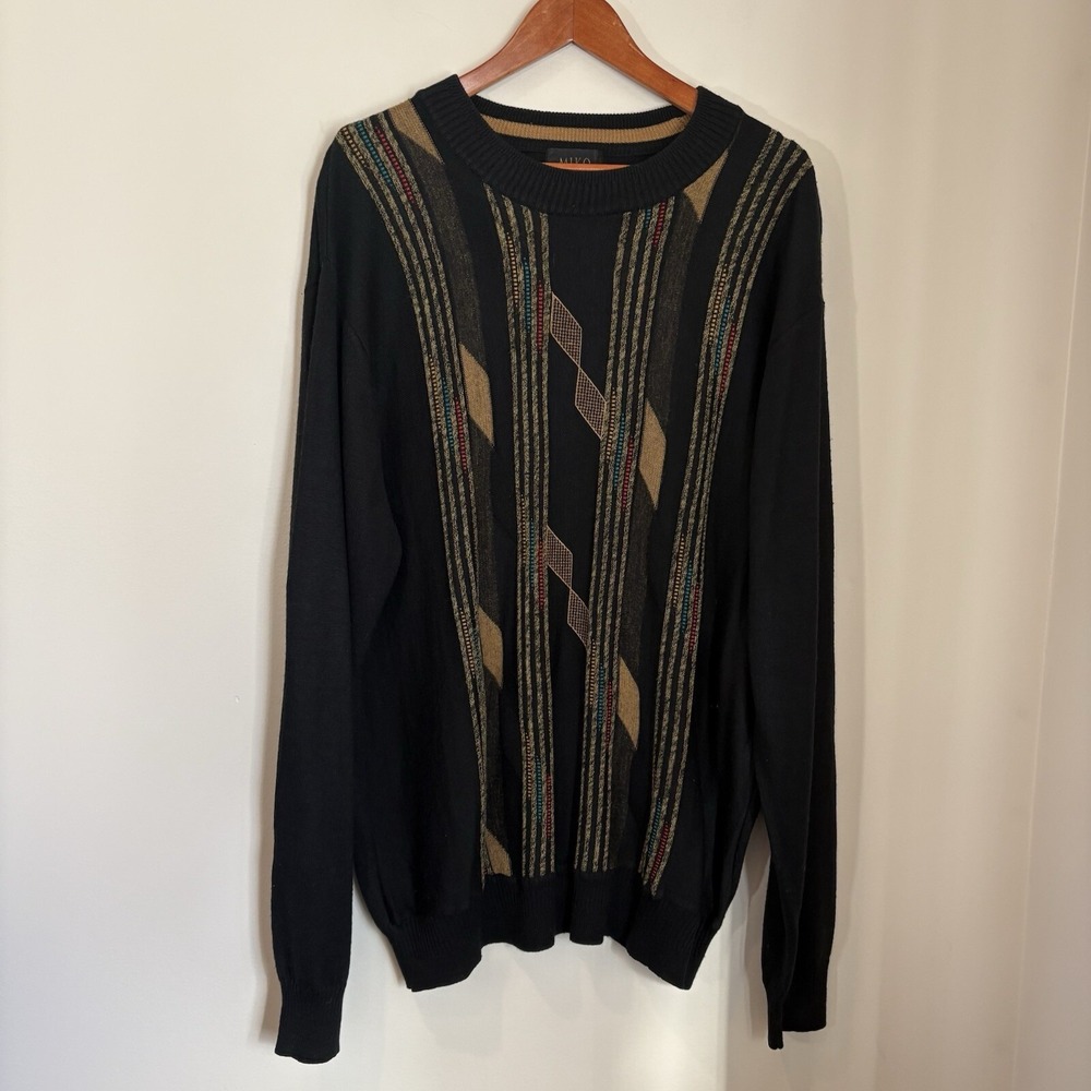 Miko Mens 3D Knit Sweater XL Black Textured Geometric Stretch Retro Y2K Grandpa